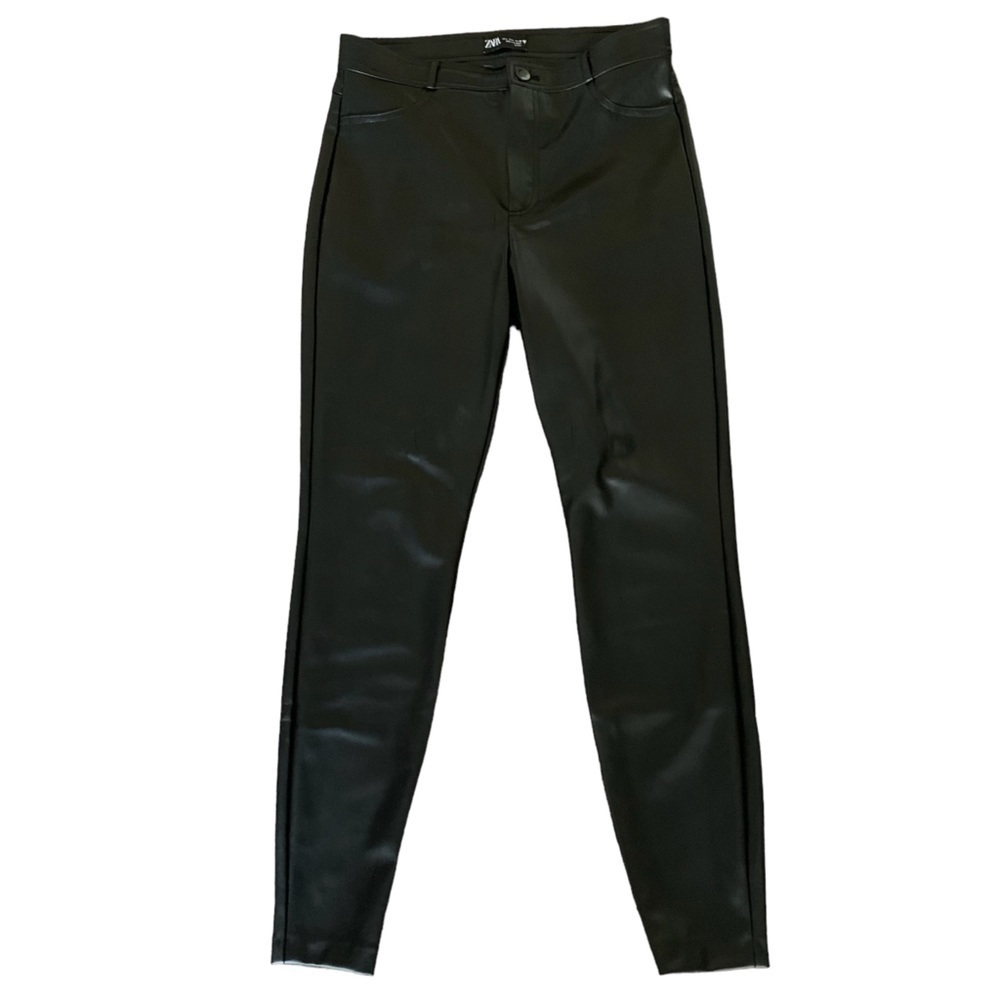 Zara Faux Leather Button Front Straight High Waist Ankle Zip Black Pants Sz L